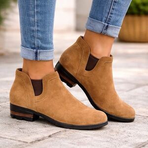 Sorel Llola Tan Suede Ankle Boots Women Size 10 Low Block Heel Chelsea Style
